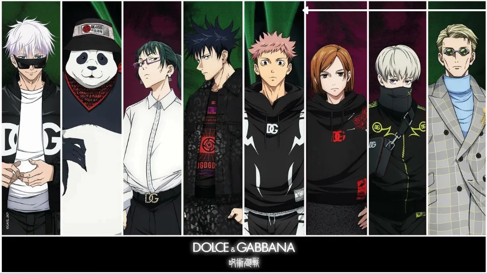 Source campaign reference showing anime characters wearing branded apparel