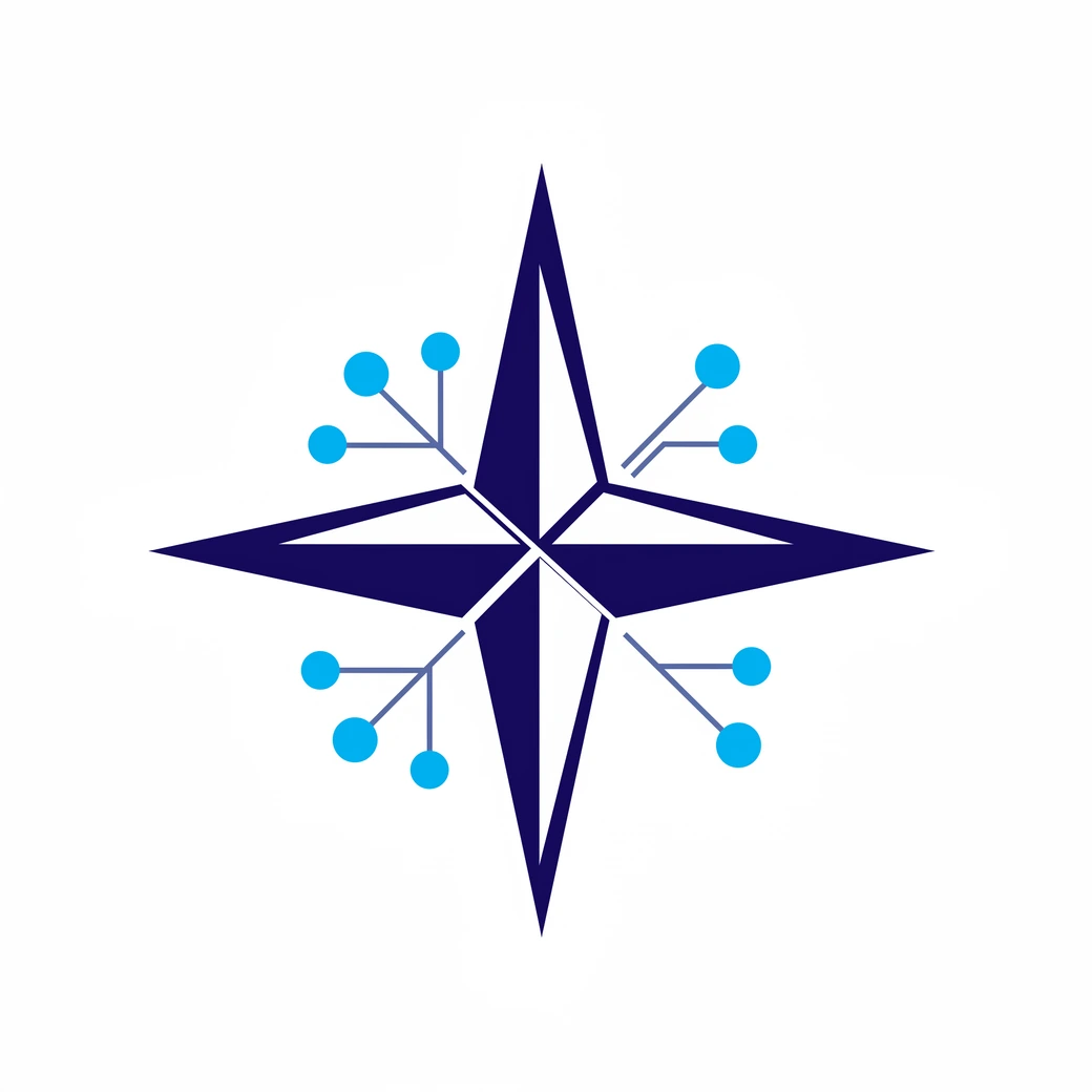 Northstar Ops logo concept: a navy four-point compass star with blue circuit branches